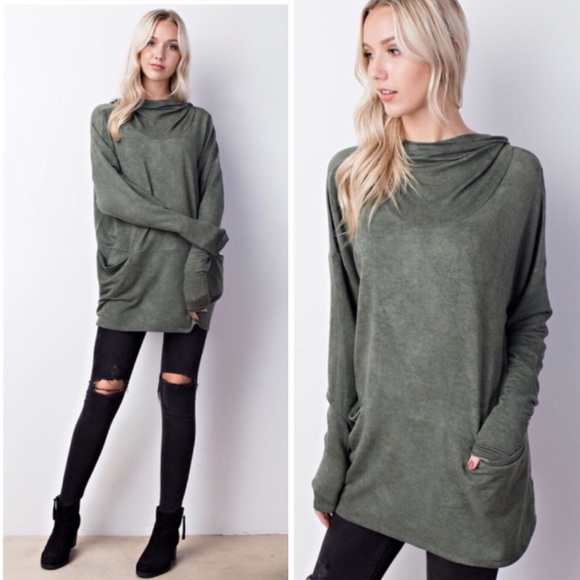 mittoshop Tops - Sandwashed Cowl Neck Hoodie in Olive